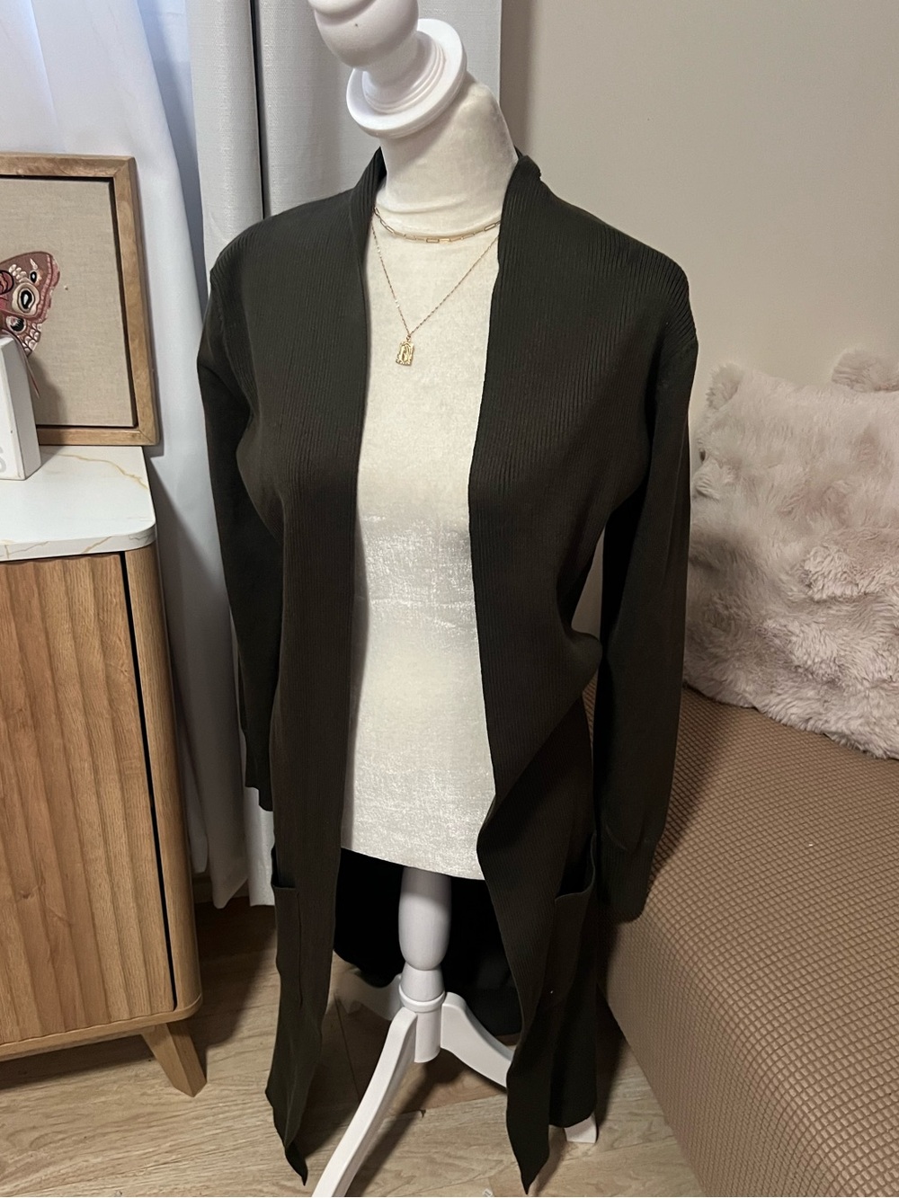 Miracle Long Open-Front Cardigan in Olive